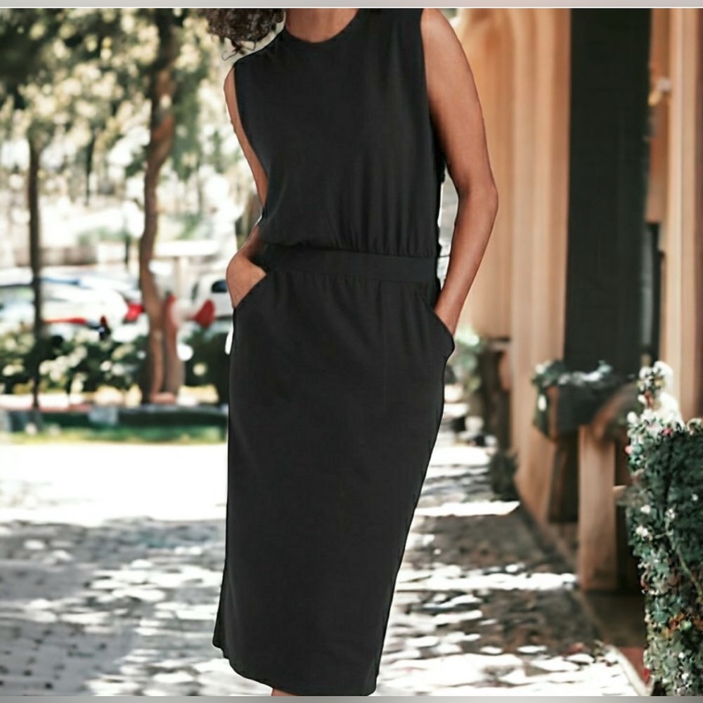 Garnet Hill Black Cinched Waist Jersey Midi Dress Size L